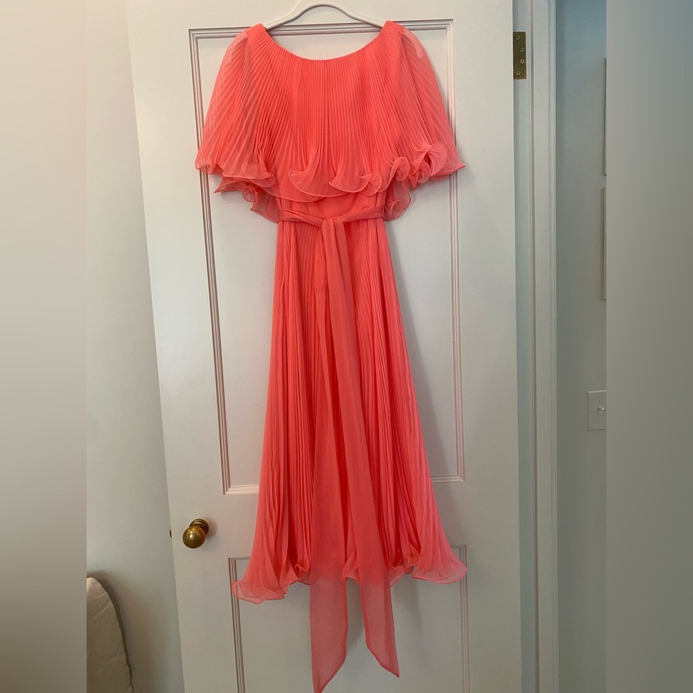 Miss Elliette California Vintage Coral Pleated Dress with Capelet
